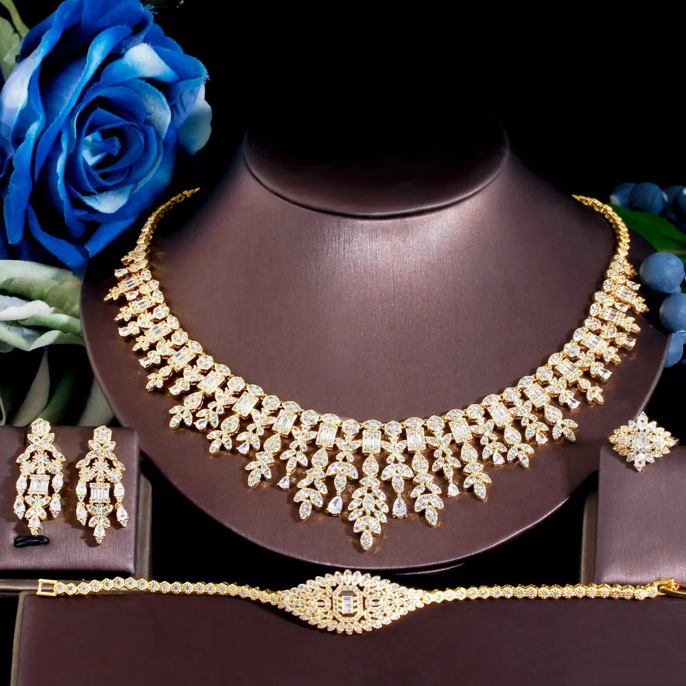 4PCS Luxury Gold Cubic Zirconia Bridal Jewelry Set – Sparkling Elegance for Dubai & Nigerian Weddings