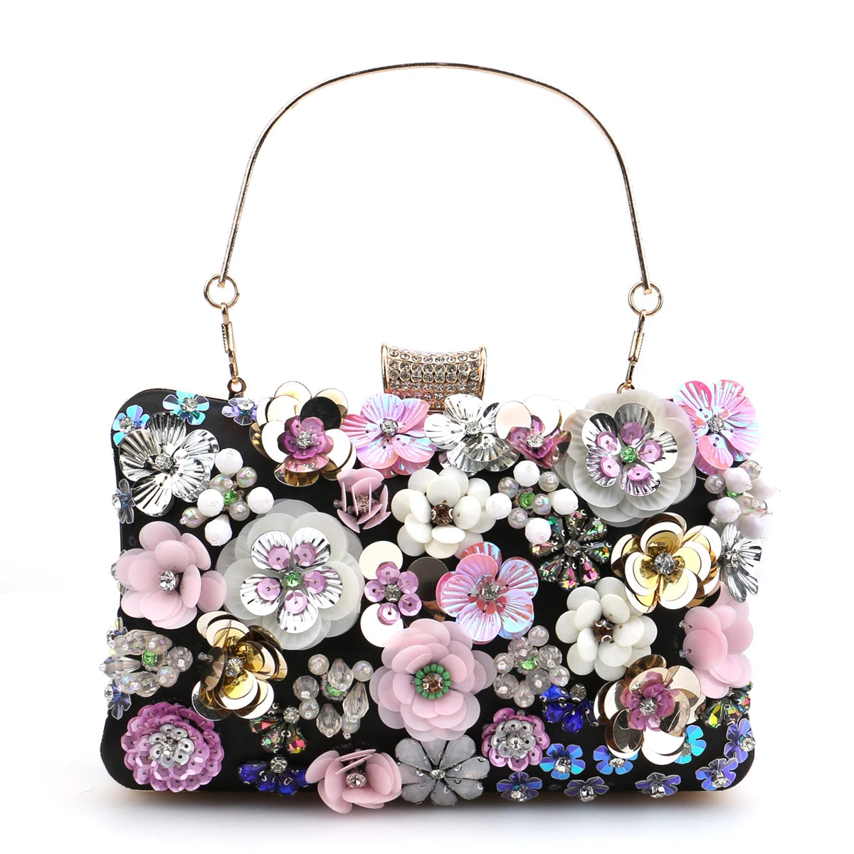 Luxury Floral Diamond Embroidered Clutch – Elegant Evening Handbag with Chain Strap