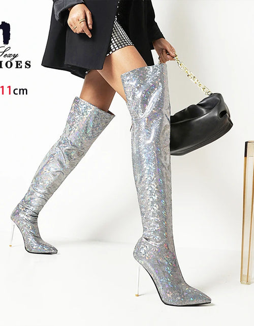 Load image into Gallery viewer, Fierce Elegance: Pointed Toe Stiletto Thigh-High Print Boots
