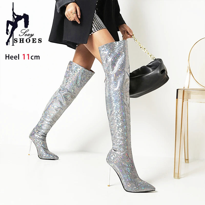 Fierce Elegance: Pointed Toe Stiletto Thigh-High Print Boots