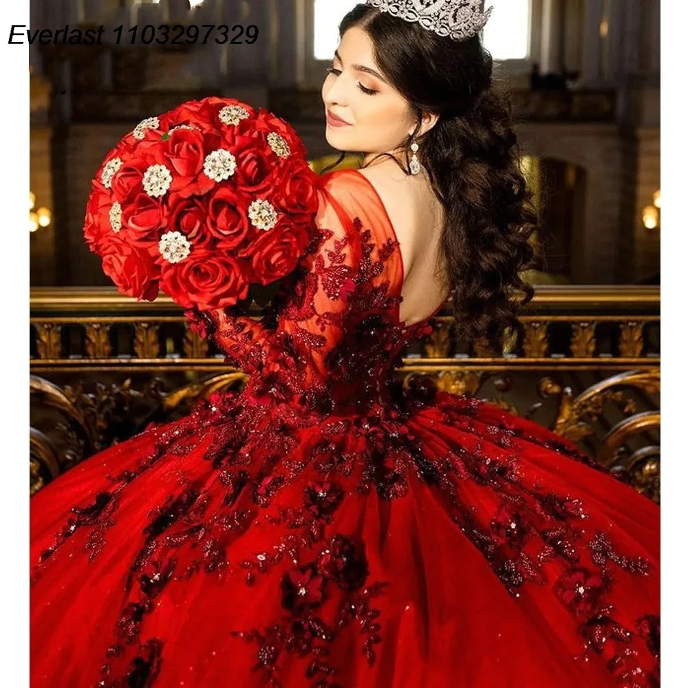 Golden Glow: Customized Long-Sleeve Quinceañera Ball Gown with Sequin Corset