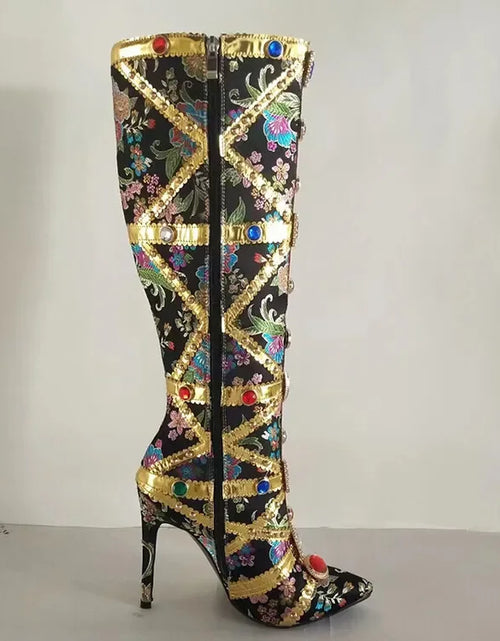 Load image into Gallery viewer, Vibrant Elegance: Colorful Rhinestone Embroidered Mid-Length Ethnic Boots
