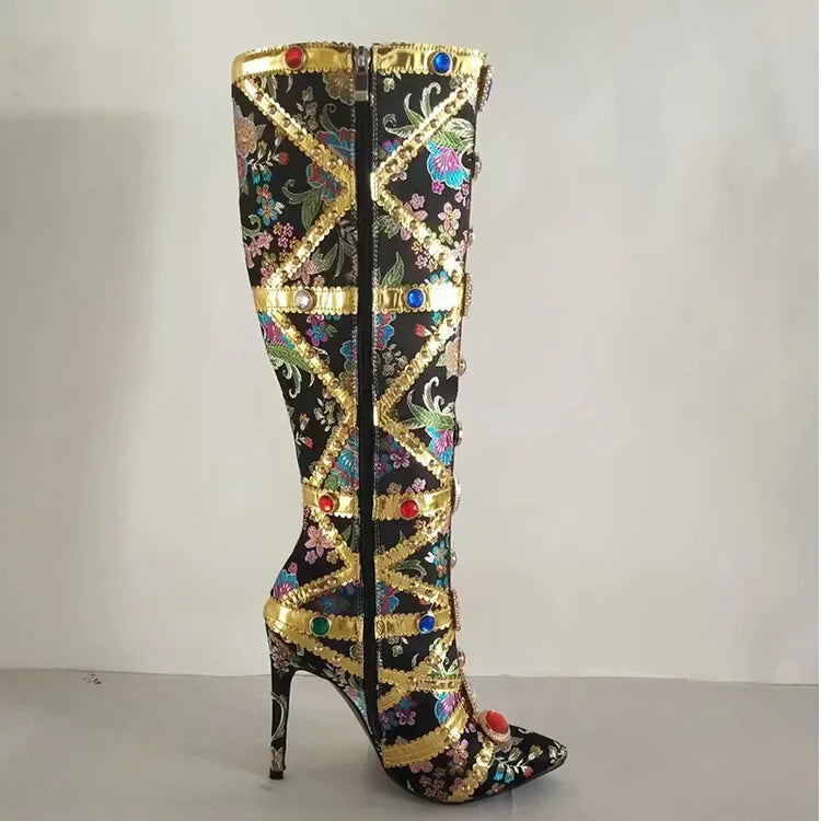 Vibrant Elegance: Colorful Rhinestone Embroidered Mid-Length Ethnic Boots