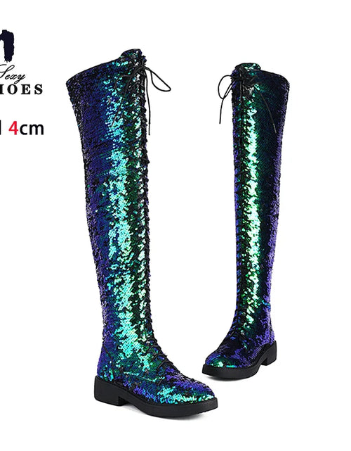 Load image into Gallery viewer, Dazzling Heights: Shiny Sequined Over-the-Knee Boots with Thick Heels
