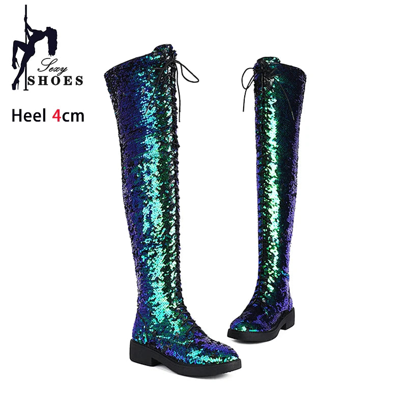 Dazzling Heights: Shiny Sequined Over-the-Knee Boots with Thick Heels