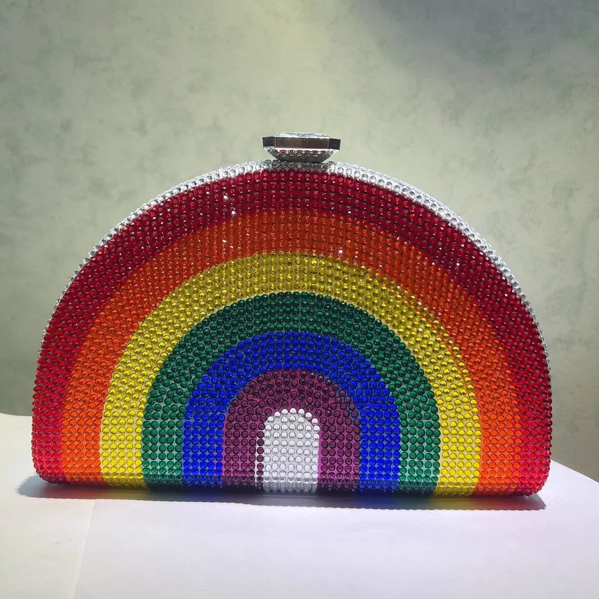 Rainbow Crystal Half-Moon Clutch – Luxury Rhinestone Evening Bag for Weddings & Parties