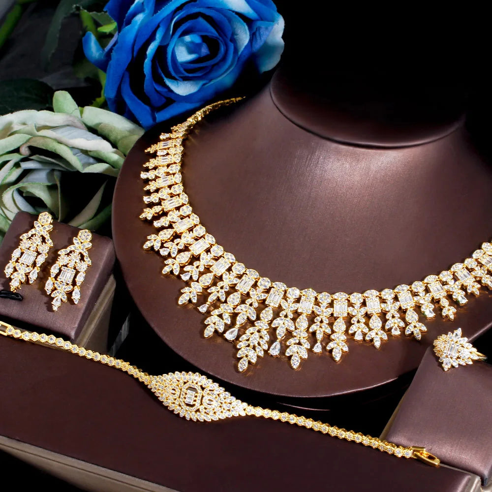 4PCS Luxury Gold Cubic Zirconia Bridal Jewelry Set – Sparkling Elegance for Dubai & Nigerian Weddings