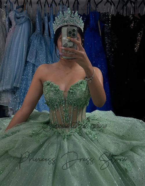 Load image into Gallery viewer, Mint Dream: Elegant Sparkly Quinceañera Ball Gown with 3D Floral Appliques
