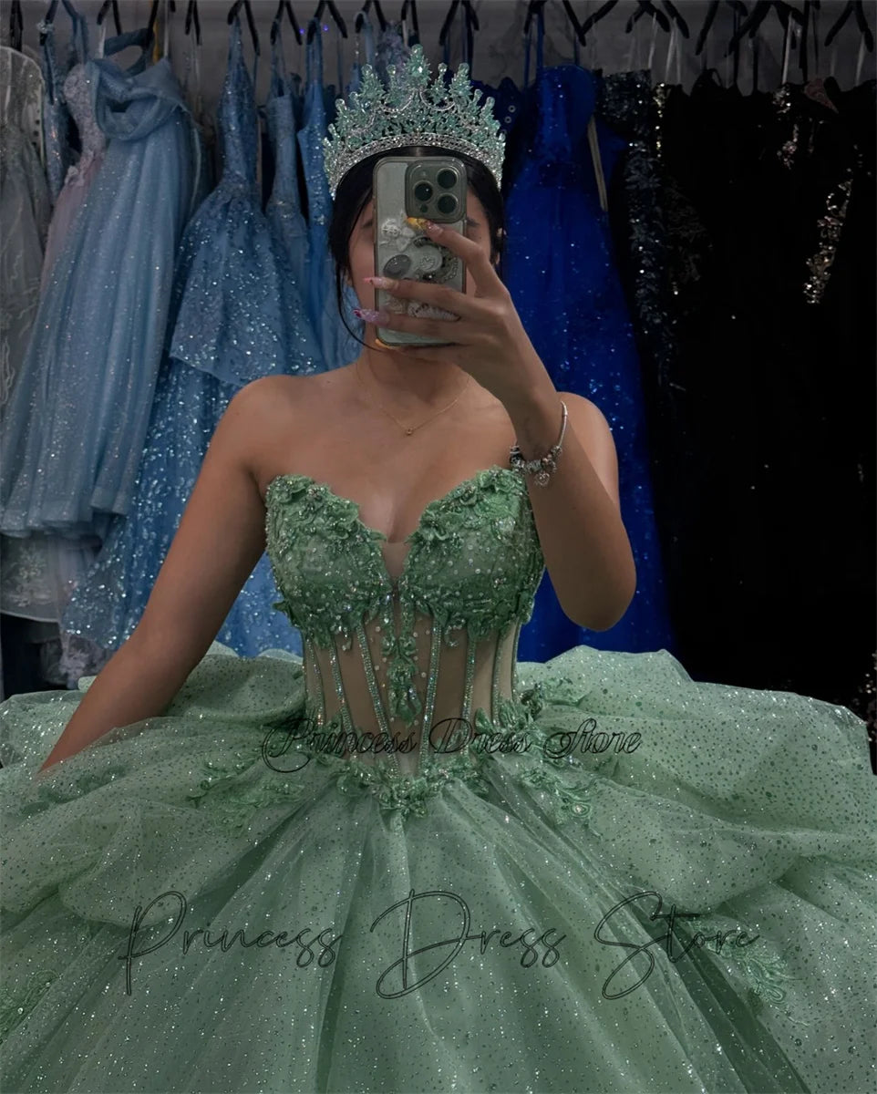 Mint Dream: Elegant Sparkly Quinceañera Ball Gown with 3D Floral Appliques