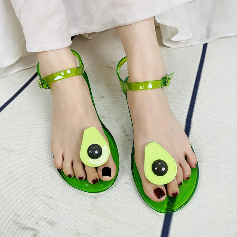 Women Fruit Jelly Sandals PVC Flat Flip-flop Sandal Ladies Summer Outdoor Fashion Non-slip Buckle Strap Beach Shoes Slides