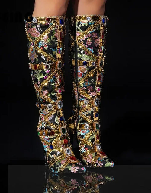 Load image into Gallery viewer, Vibrant Elegance: Colorful Rhinestone Embroidered Mid-Length Ethnic Boots
