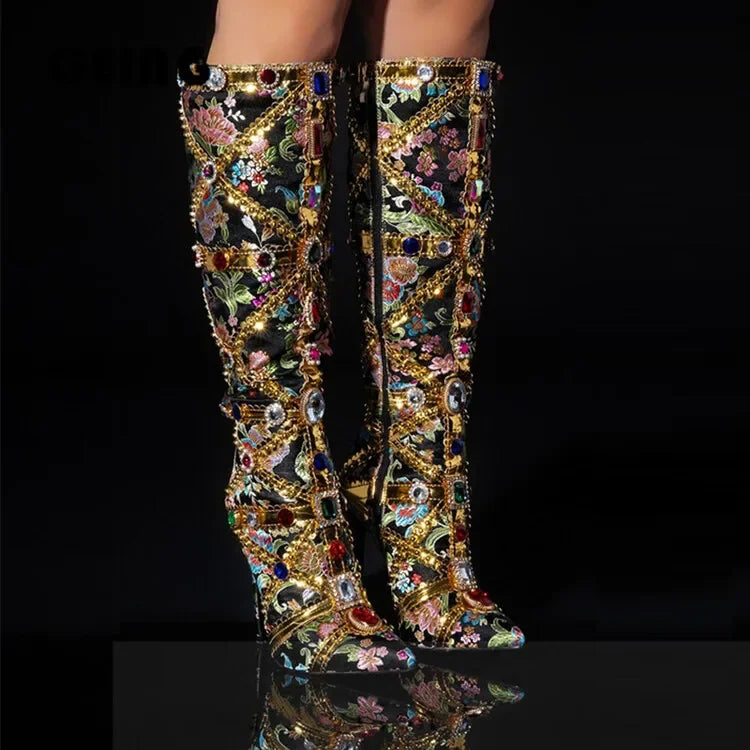 Vibrant Elegance: Colorful Rhinestone Embroidered Mid-Length Ethnic Boots