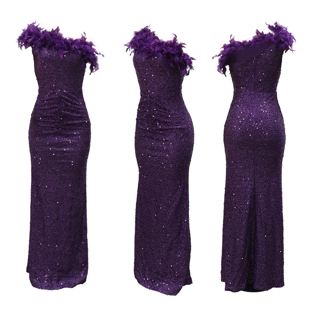 Dazzling Sequined Backless Maxi Dress with Feather & Bead Detailing – Perfect for Birthday Party