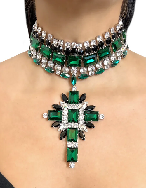 Load image into Gallery viewer, Green Cross Pendant Choker Necklace – Rhinestone Bridal Collar &amp; Statement Party Jewelry
