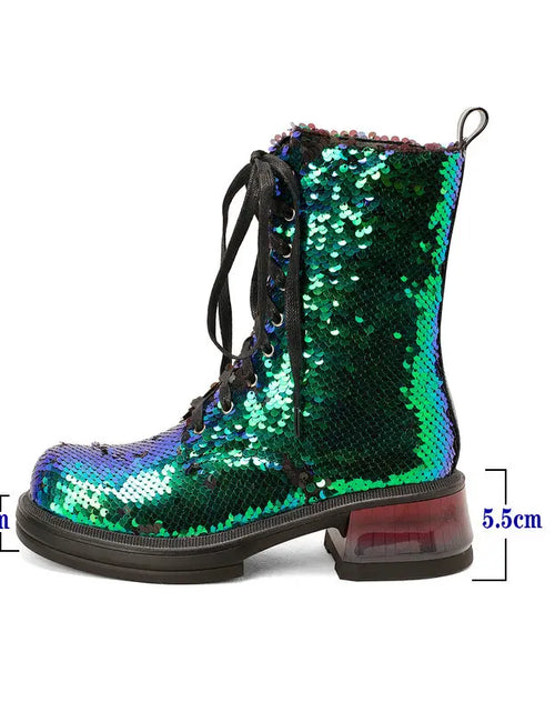 Load image into Gallery viewer, Sparkle &amp; Comfort: Sequined Platform Ankle Boots with Square Heels
