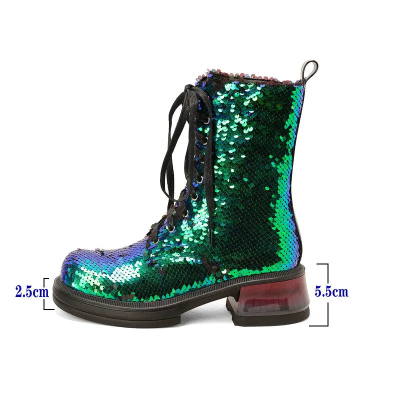 Sparkle & Comfort: Sequined Platform Ankle Boots with Square Heels