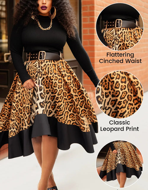 Load image into Gallery viewer, Plus Size Black Leopard Knitted Midi Dress – Elegant Fall &amp; Winter Party Look
