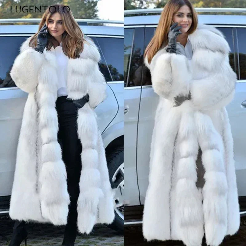 Elegant Women’s X-Long Faux Fur Coat – Hooded Loose Fit Winter Fashion Coat for Large Sizes