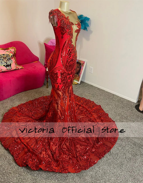 Load image into Gallery viewer, Gorgeous Red Sequined Lace Mermaid Prom Dress – Elegant Custom Crystal Gown
