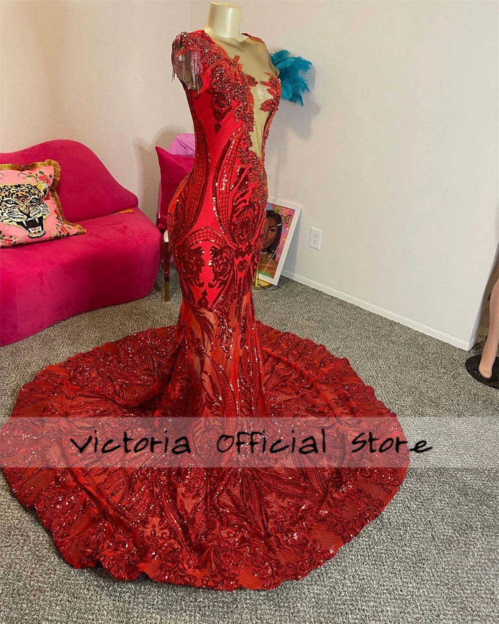 Gorgeous Red Sequined Lace Mermaid Prom Dress – Elegant Custom Crystal Gown