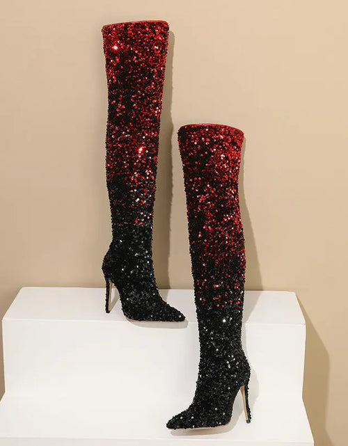 Load image into Gallery viewer, Shimmer &amp; Stride: Gradient Sequin Over-the-Knee Boots with 11CM Heels
