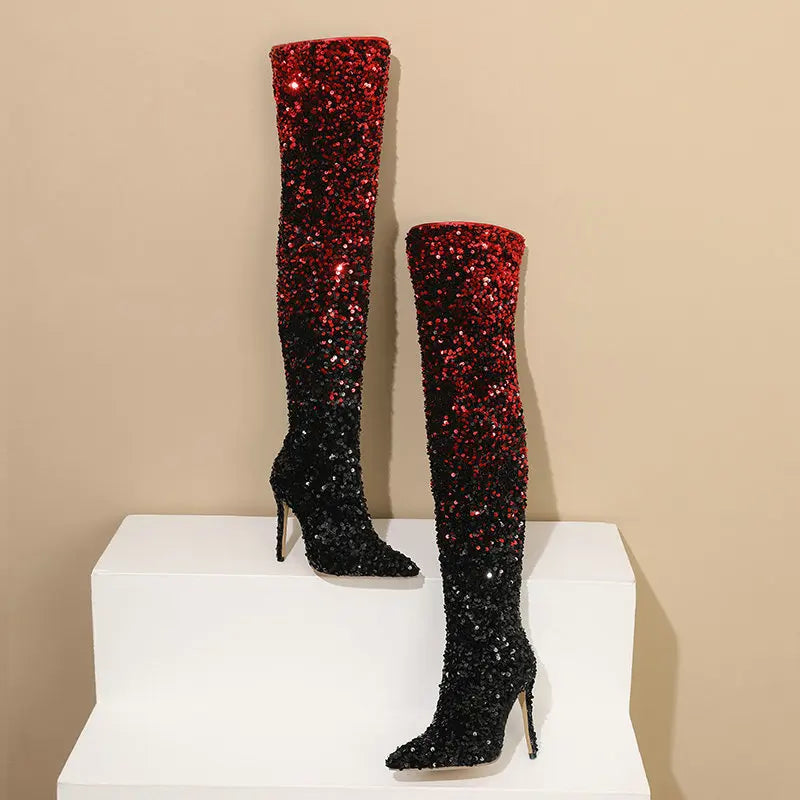 Shimmer & Stride: Gradient Sequin Over-the-Knee Boots with 11CM Heels