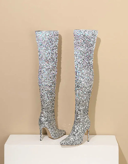 Load image into Gallery viewer, Shimmer &amp; Stride: Gradient Sequin Over-the-Knee Boots with 11CM Heels
