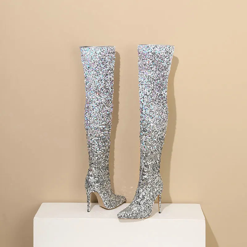 Shimmer & Stride: Gradient Sequin Over-the-Knee Boots with 11CM Heels