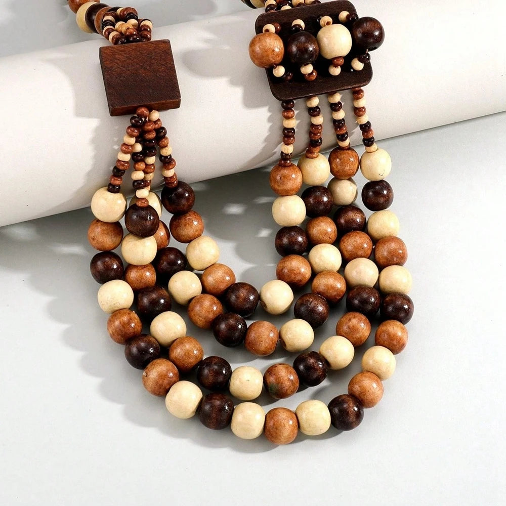 African Ethnic Jewelry Handmade Wooden Bead Beaded Statement Necklace For Women Party Accessories