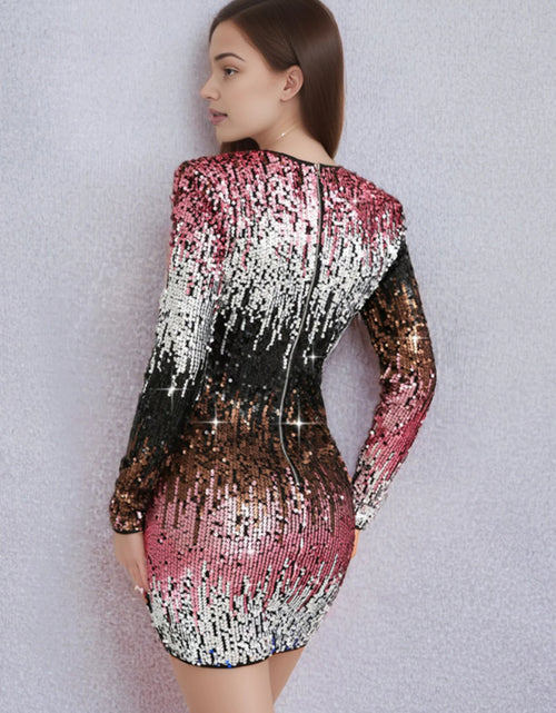 Load image into Gallery viewer, Sexy vintage sequin mini summer dress women elegant club birthday party short dresses luxury long sleeve evening dresses
