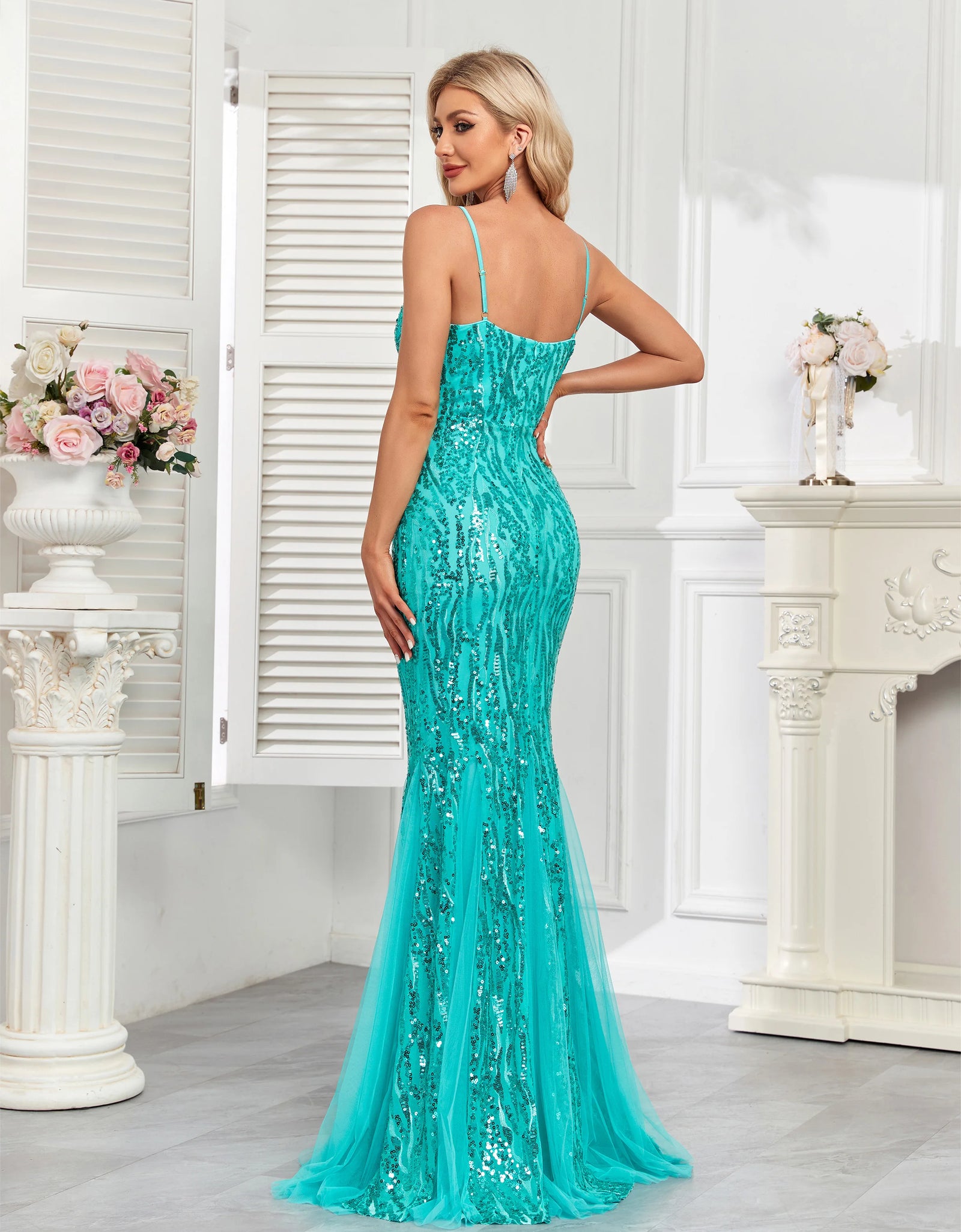 Glamorous Party Halter Sequin Gown with Luxurious Fishtail Net Skirt