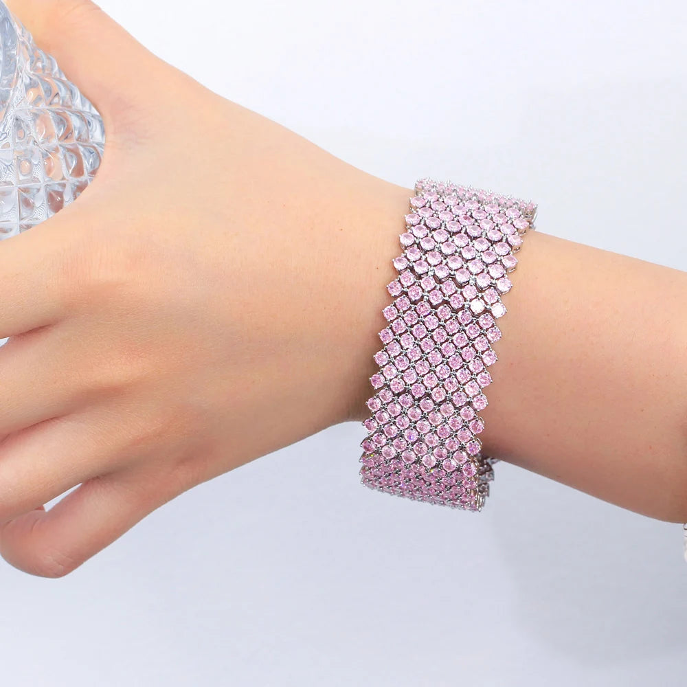 Shining Pink Cubic Zirconia Silver Color Large Wide Link Chain Bracelet – Luxury Bridal & Party Jewelry