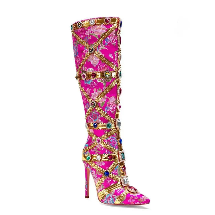 Vibrant Elegance: Colorful Rhinestone Embroidered Mid-Length Ethnic Boots