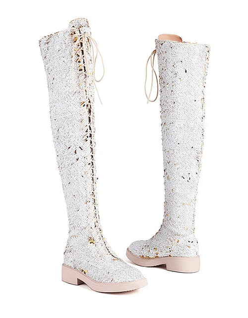 Load image into Gallery viewer, Dazzling Heights: Shiny Sequined Over-the-Knee Boots with Thick Heels
