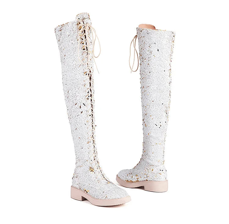 Dazzling Heights: Shiny Sequined Over-the-Knee Boots with Thick Heels