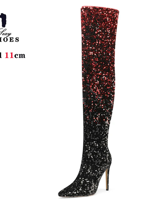 Load image into Gallery viewer, Shimmer &amp; Stride: Gradient Sequin Over-the-Knee Boots with 11CM Heels
