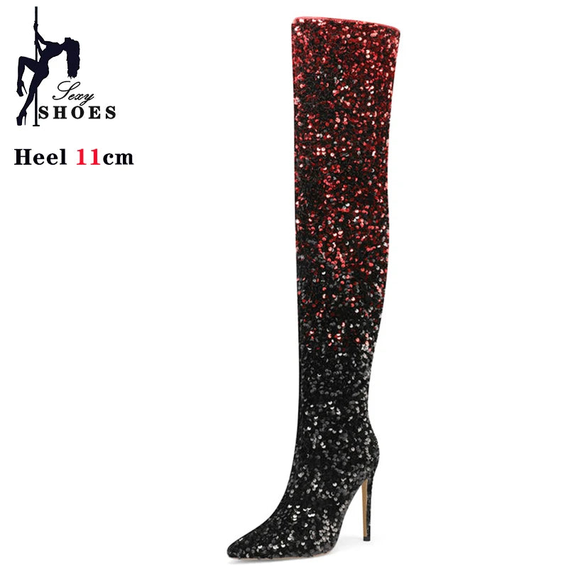 Shimmer & Stride: Gradient Sequin Over-the-Knee Boots with 11CM Heels