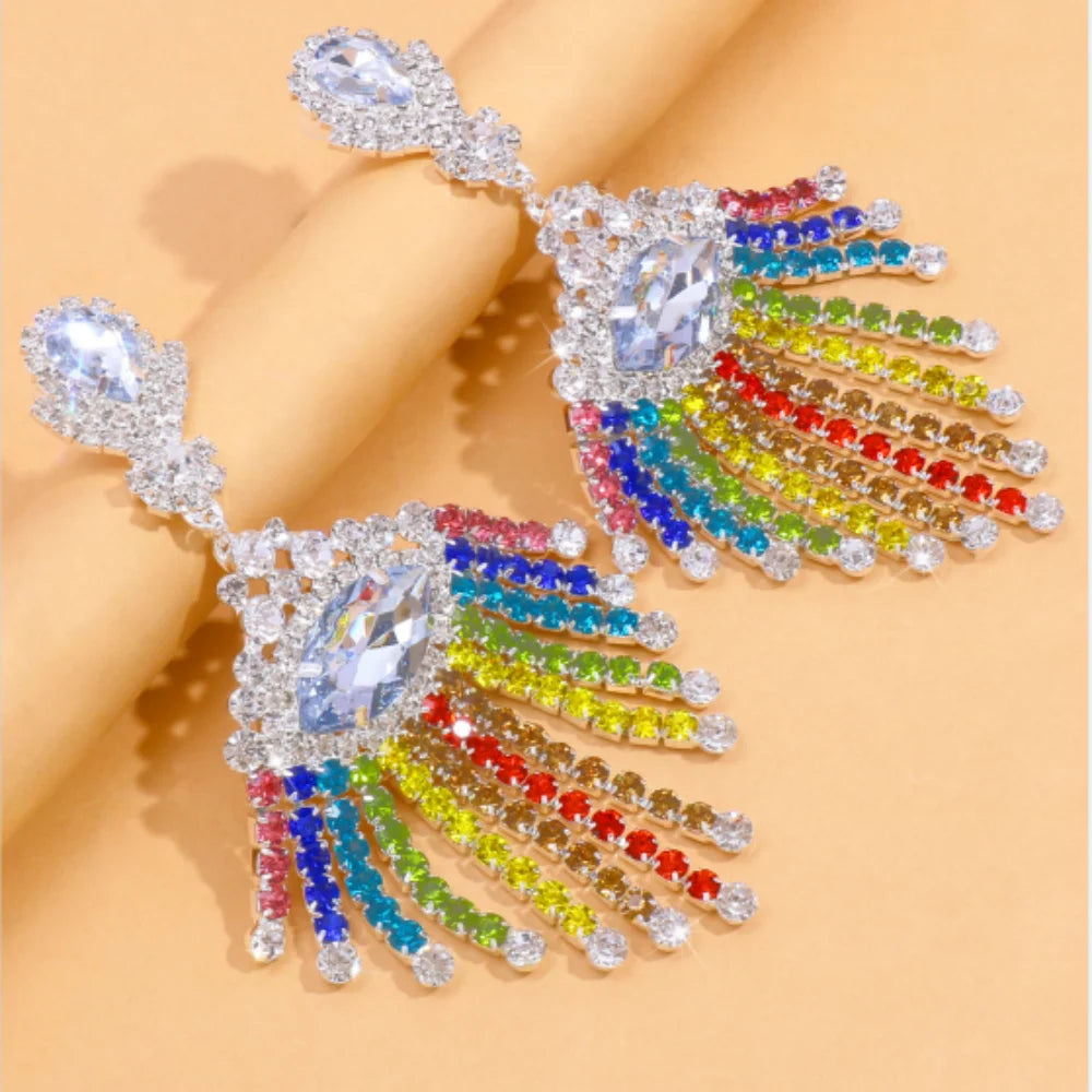 Boho Rhinestone Rainbow Tassel Earrings – Colorful Geometric Fringed Dangle Wedding Jewelry