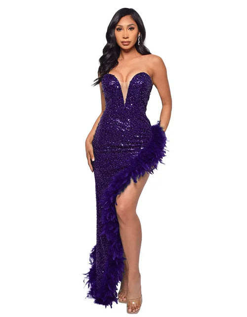 Load image into Gallery viewer, Strapless Sequin Feather Bodycon Dress – Elegant Cocktail &amp; Formal Party Wear for Women
