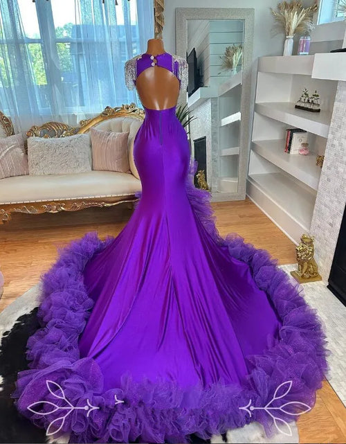 Load image into Gallery viewer, Royal Elegance – Sexy Purple Ruffles Evening Gown with Sparkling Crystal Tassels
