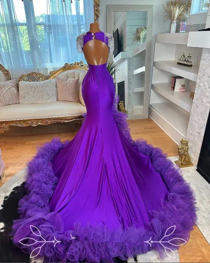 Royal Elegance – Sexy Purple Ruffles Evening Gown with Sparkling Crystal Tassels