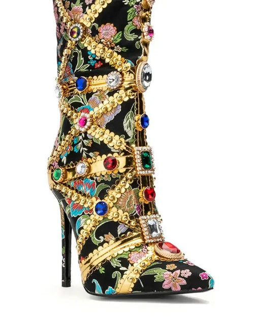 Load image into Gallery viewer, Vibrant Elegance: Colorful Rhinestone Embroidered Mid-Length Ethnic Boots
