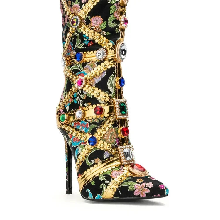 Vibrant Elegance: Colorful Rhinestone Embroidered Mid-Length Ethnic Boots