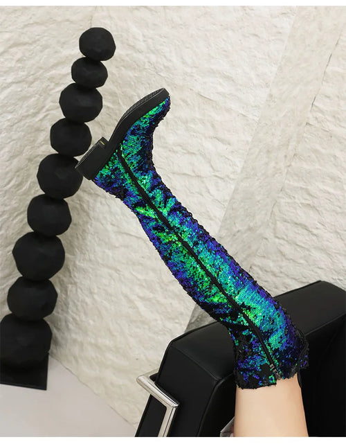 Load image into Gallery viewer, Dazzling Heights: Shiny Sequined Over-the-Knee Boots with Thick Heels
