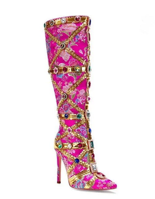 Load image into Gallery viewer, Vibrant Elegance: Colorful Rhinestone Embroidered Mid-Length Ethnic Boots
