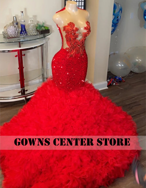 Load image into Gallery viewer, Crimson Luxe: Designer Red Beaded Crystal Tulle Mermaid Gown with Ruched Train
