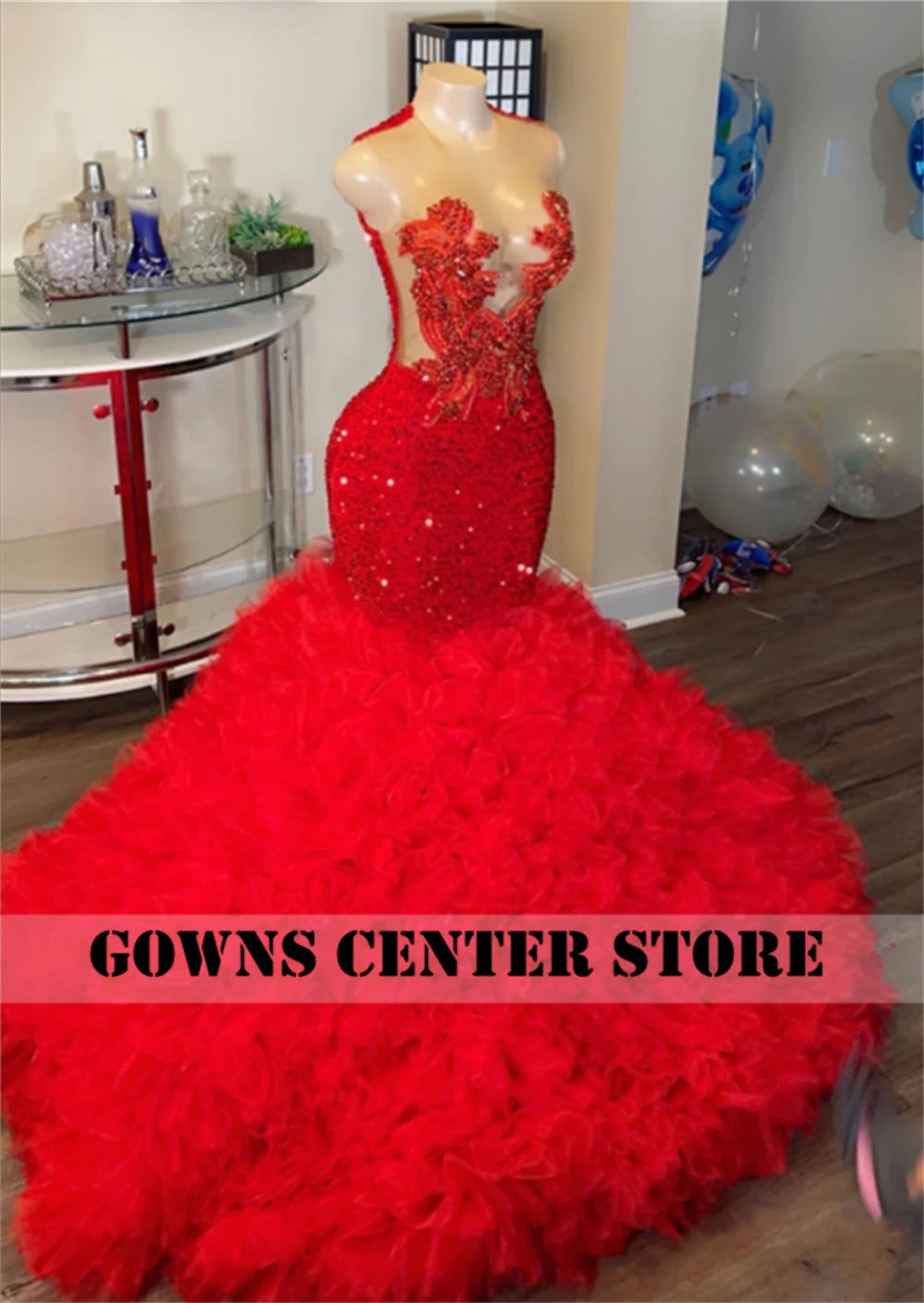 Crimson Luxe: Designer Red Beaded Crystal Tulle Mermaid Gown with Ruched Train