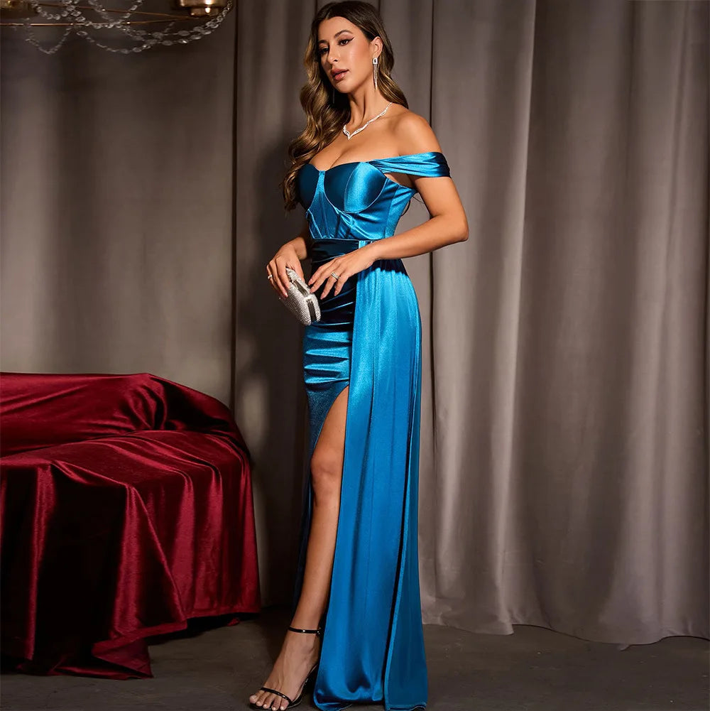 Luxury Off-Shoulder Satin Mermaid Evening Dress with Side Slit & Backless Detail