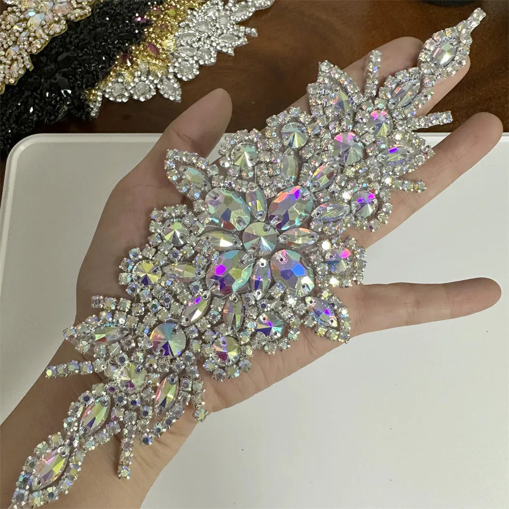 AB Silver Rhinestone Flower Applique – Elegant Iron-On/Sew-On Decoration for Wedding Dresses & Clothes