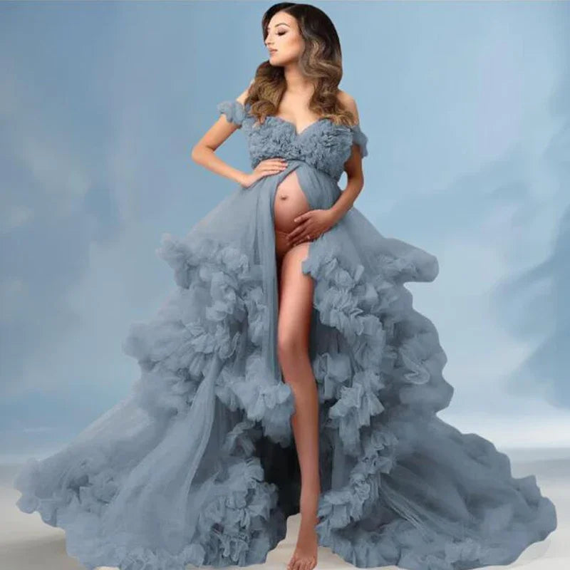 Puffy Ruffles Tulle Maternity Dress for Photoshoots & Baby Showers